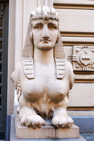 Riga, Latvia - March 29, 2018: Sculpture sphinx - detail of building in Art Nouveau style (Jugendstil) on Alberta Street in Riga, Latvia.のeditorial素材