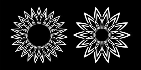 Abstract decorative geometric circle design elements. White floral icons on black background. Vector artのイラスト素材