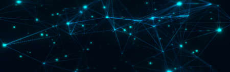 Twinkling flashing dots connected with lines in dark space. Abstract black textured technological background. Illustration.の写真素材