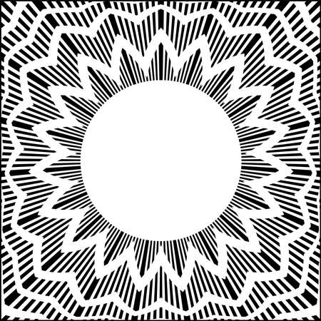 Abstract geometric circle zig zag pattern. Decorative black and white round frame. Vector art.のイラスト素材