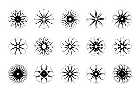 Abstract Flower Icons Set. Radial Rotation Circle Patterns. Round Design Elements. Vector Art.のイラスト素材
