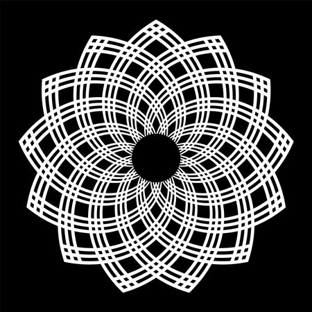 Abstract Decorative Geometric Round Radial White Lacy Pattern on Black Background. Vector Art.のイラスト素材