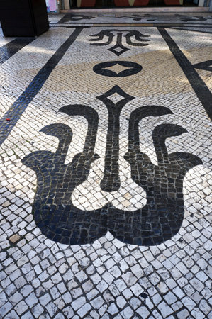 One of Decorative Patterns of Traditional Mosaic Paving Tiles on Streets of Lisbon, Portugal.の写真素材