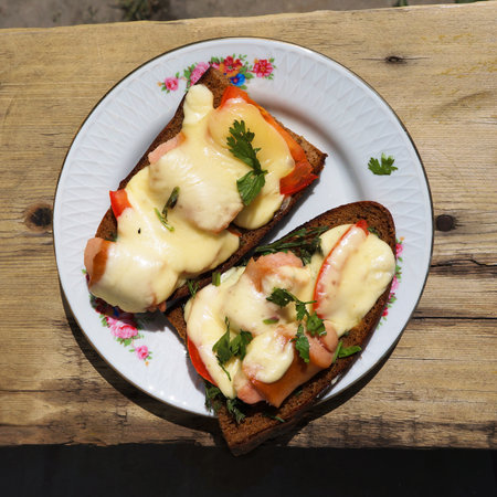 Two Hot Sandwiches with Cheese Sausages and Tomatoes on Rye Bread on Wooden Board Outdoors.
.の写真素材