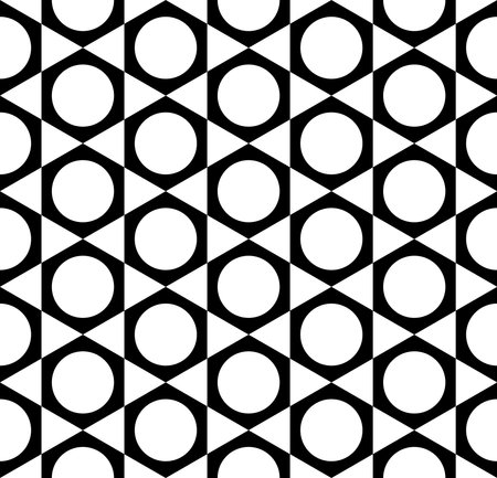 Abstract Seamless Geometric Hexagons Triangles and Circles Black and White Pattern. Vector Art.のイラスト素材