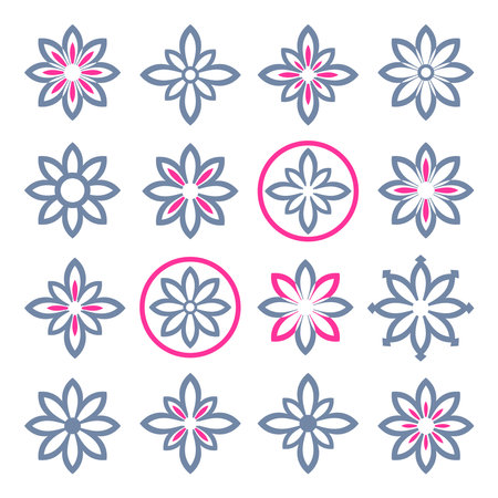 Set of Abstract Flower Icons. Radial Design Elements. Vector Art.のイラスト素材