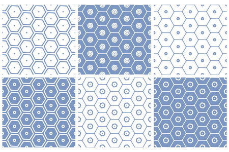 Set of Seamless Geometric Hexagons Blue Patterns. Honeycomb Structure. Vector Art.のイラスト素材