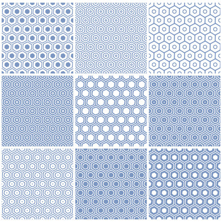 Set of Seamless Geometric Hexagons Blue Patterns. Vector Art.のイラスト素材