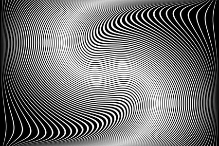 Wavy Lines Halftone Op Art Pattern. 3D Illusion. Abstract Textured Black and White Background. Vector Illustration.のイラスト素材