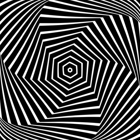 Whirl Rotating Motion and 3D Illusion in Abstract Op Art Design. Striped Lines Black and White Pattern. Vector Illustration.のイラスト素材