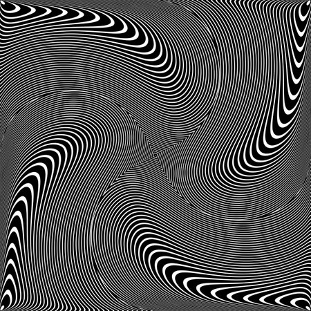 Whirl Rotating Motion and 3D Illusion in Abstract Op Art Design. Striped Lines Black Pattern. Vector Illustration.のイラスト素材