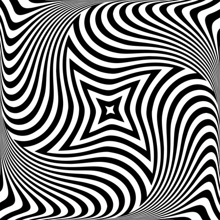 Whirl Rotating Motion and 3D Illusion in Abstract Op Art Design. Striped Lines Black and White Pattern. Vector Illustration.のイラスト素材
