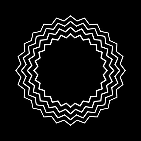 Abstract Circular Concentric Zig Zag Lines White Pattern for Decorative Round Frame on Black Background. Vector Art.のイラスト素材