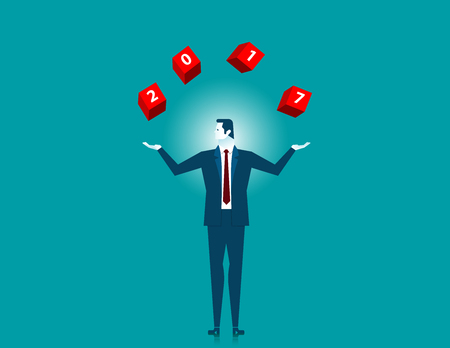 Businessman catching throwing 2017 word on red box. Concept business illustration. Vector flatのイラスト素材