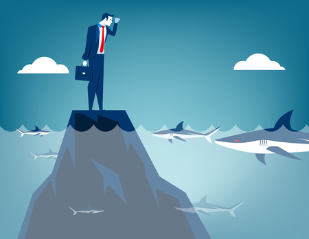 Businessman surrounded by shark. Concept business illustration. Vector flatのイラスト素材