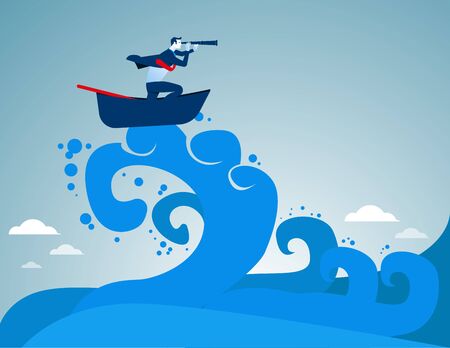 Surfing. Businessman looking success amid the waves. Concept business illustration. Vector flatのイラスト素材