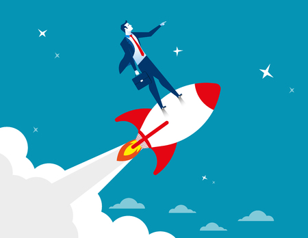 Start up. Businessman standing on rocket ship flying through starry sky. Concept business illustration. Vector flatのイラスト素材