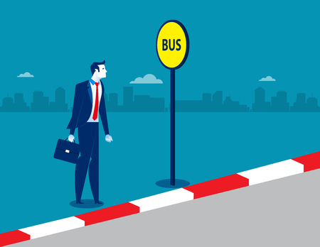 Businessman at the bus stop. Concept business illustration. Vector transportation.のイラスト素材