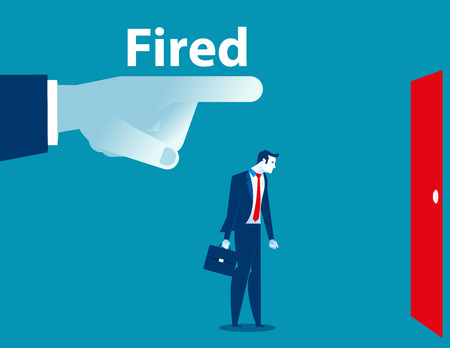 Being fired. Managers fingers showing the exit door to a businessman. Concept business illustration. Vector flat.のイラスト素材
