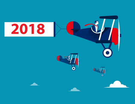 Businessman drive airplane and 2018 text. Concept business vector illustration.のイラスト素材