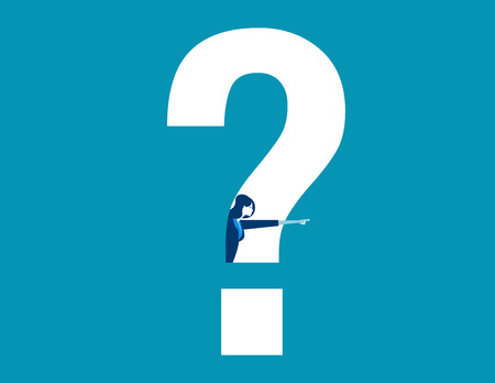 Businesswoman looking out from question mark and pointing to success. Concept success business illustration. Vector cartoon character and abstractのイラスト素材