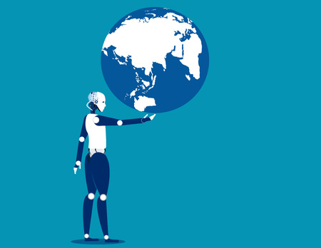 A robot holding globe. Concept business automation illustration. Vector robot flat.のイラスト素材