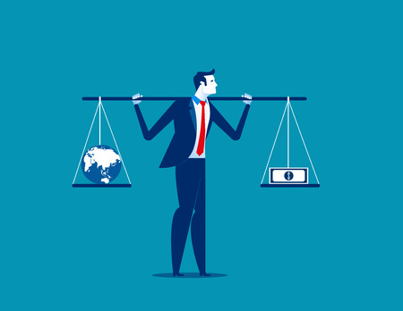 Businessman with globe and banknote in balance or imbalance. Concept business vector illustration.のイラスト素材