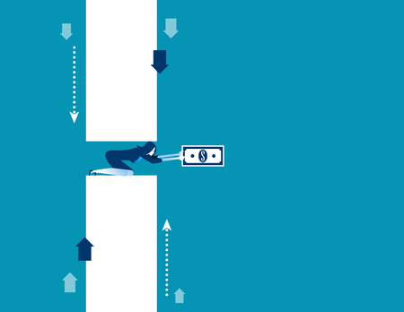 Being squeezed. Businesswoman holding banknote. Concept business vector illustration.のイラスト素材