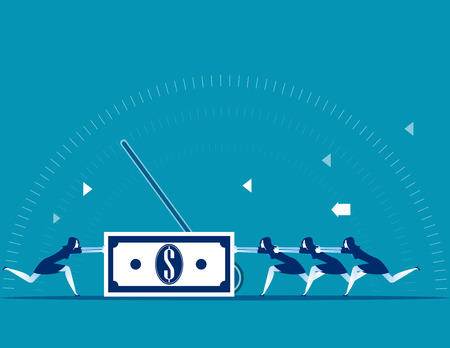 Businesswoman pushing a dollar sign in different directions. Concept business vector illustration.のイラスト素材