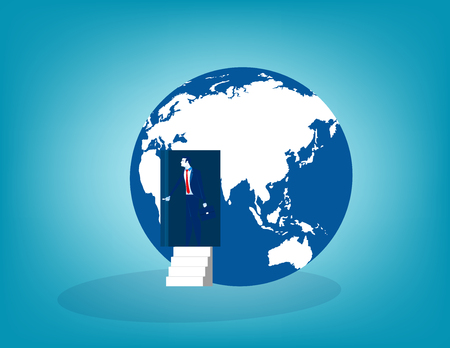 Businessman open door from the globe. Concept business vector illustration.のイラスト素材