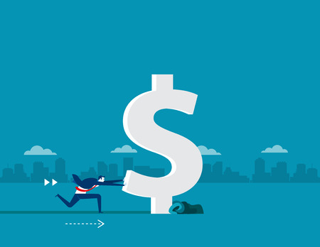 Businessman struggling to push dollar sign to forward. Concept business vector illustration.のイラスト素材
