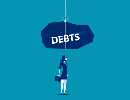 Pile of debts fall over the businesswoman. Concept business vector illustration.のイラスト素材