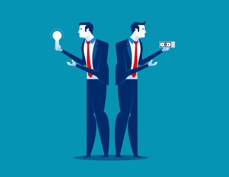 Two businessman holding money and ideas. Concept business vector illustration.のイラスト素材