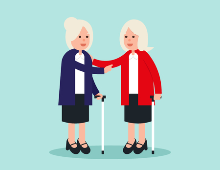 Old person. Two elderly standing and greeting. Concept elderly vector illustration. Design flat character.のイラスト素材