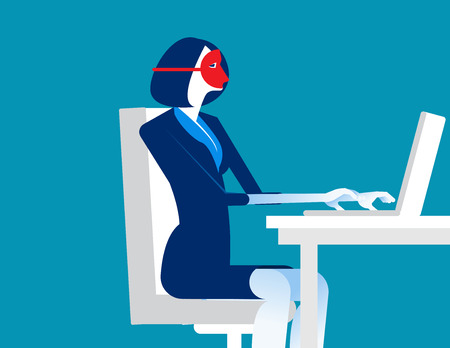 Conceal. Woman wearing mask play computer. Concept business vector illustration.のイラスト素材