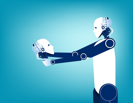 Android looking at robot skull in hand. Concept technology vector illustration.のイラスト素材
