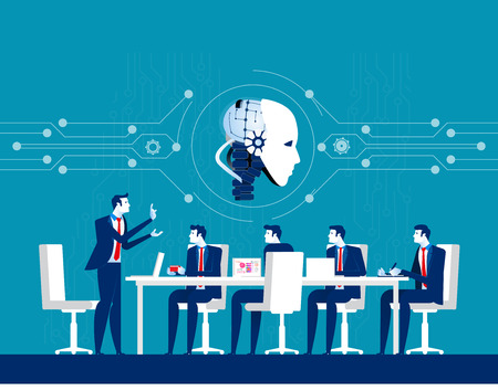 Corporate business people meeting for robot technology. Concept business discussion vector illustration. Flat design style.のイラスト素材
