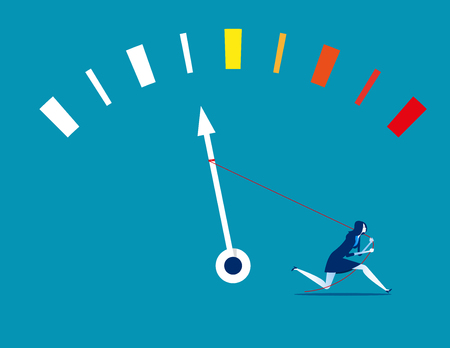 Businesswoman trying to pulling to the maximum energy value. Concept business vector illustration. Flat design style.のイラスト素材