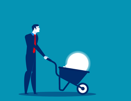 Businessman pushing light bulb with wheelbarrow. Concept business vector illustration.のイラスト素材