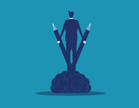 Businessman standing on brain. Concept business vector illustration. Rear view style.のイラスト素材