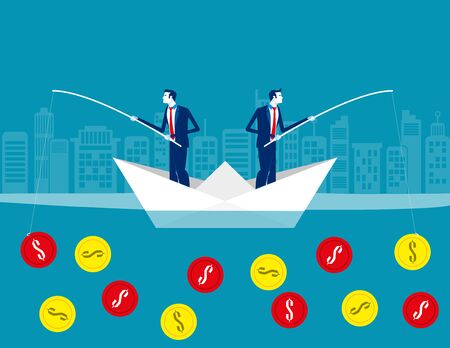 Business team fishing coins. Concept business currency vector illustration, Flat business character, Cartoon style design.のイラスト素材
