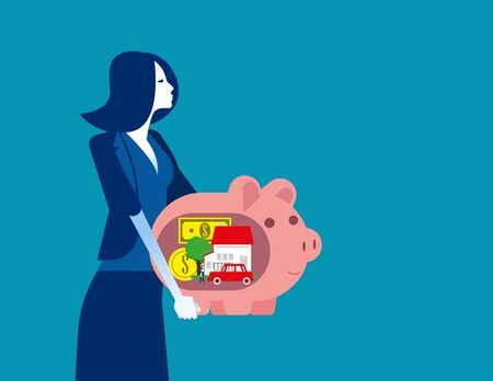 Business Woman holds piggy bank and dreams. Concept business vector, Planning, Future financial, Saving and investing.のイラスト素材