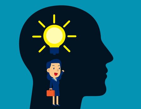 Businesswoman thinking idea. Concept business creativity vector illustration, Light Bulb, Creative, Kid character styleのイラスト素材