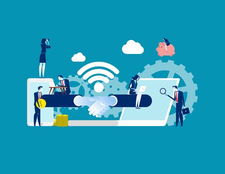 Business handshake via phone and laptop. Concept business vector illustration, Online transaction, Flat investor character design.のイラスト素材