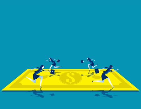 Business team running on banknote. Concept business vector illustration, Make Money, Currency, Gold Paper.のイラスト素材