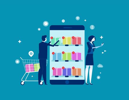 Business person buy online shop. Concept business vector illustration, Shopping online, Modern flat cartoon, E-commerce business.のイラスト素材