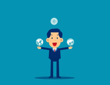 Juggling with planet globes. Business global concept, Kid cartoon vector character design.のイラスト素材
