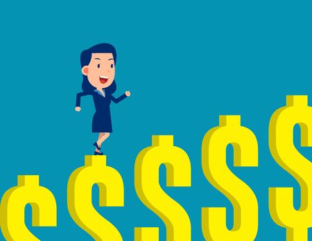 Woman climbing dollar sign step. Financial concept. Flat kid business cartoon vector design.のイラスト素材