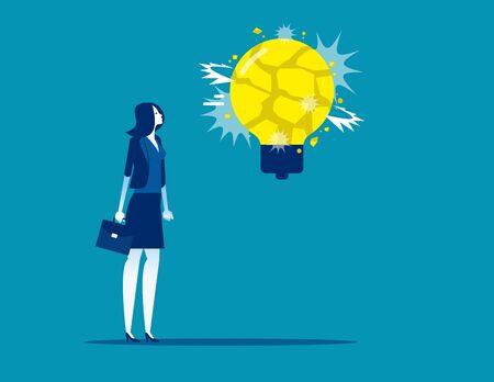 Business woman with big light bulb explosive. Concept business idea vector illustration. Frightened のイラスト素材