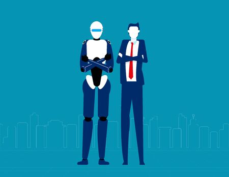 Humanoid robot and businessman. Futuristic cartoon character design. Flat vector illustration styleのイラスト素材